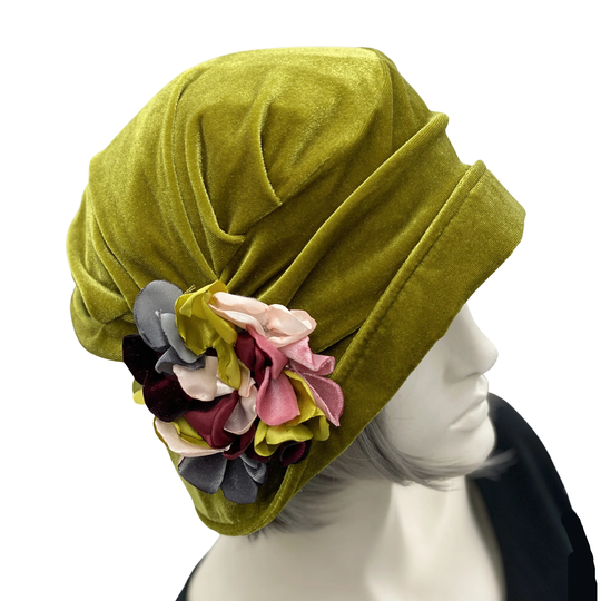 Velvet Cloche Hat in Chartreuse With Multi Color Hydrangea Brooch, Handmade The Usa