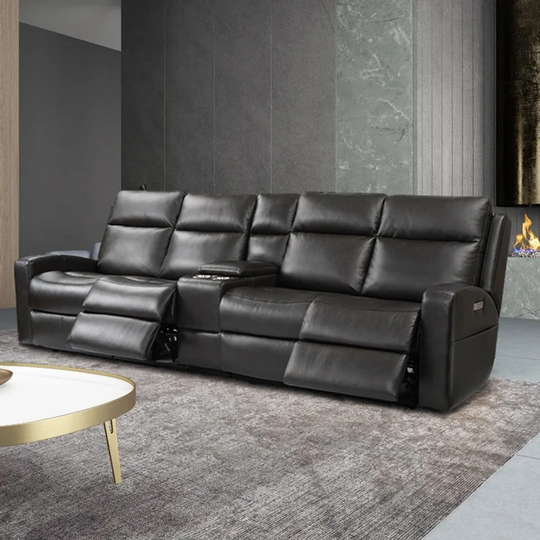 126.5" Wide Genuine Leather Power Reclining Sofa Home Theater Power Recliner Sofa with Console
