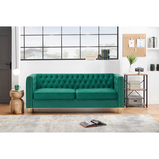 Chesterfield Velvet Three-seat Sofa Backrest-height Armrests Sofa with Nail Head