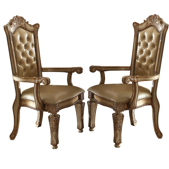 Faux Leather Upholstered Wooden Side Chair with Angled Legs, Gold, Set of Two