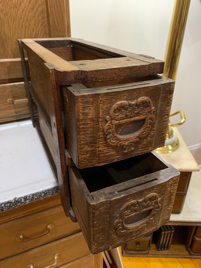 Rare Set Of 2 Antique Oak Sewing Drawers Solid Wooden Two in Their Original Cabinet Case; Drawer Fronts Match 9 1/8"W X 15 3/4"D 6 1/8"H