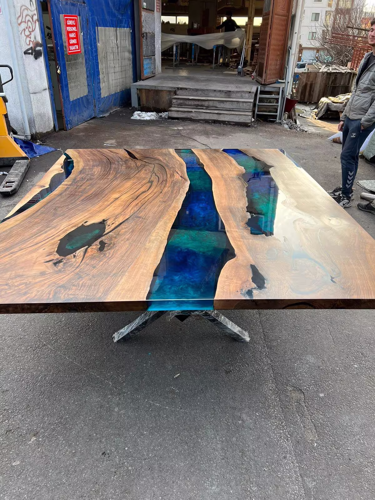 Live Edge Table, Custom 84" X 72" Walnut Blue Turquoise, Green Epoxy Dining For Anusha
