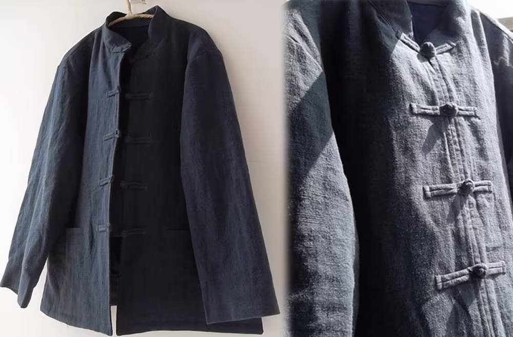 105-Men's Long Sleeve Stand Collar Lined Jacket With Chinese Frog Buttons, Washed Cotton Linen, Modified Tang Suit, Costume