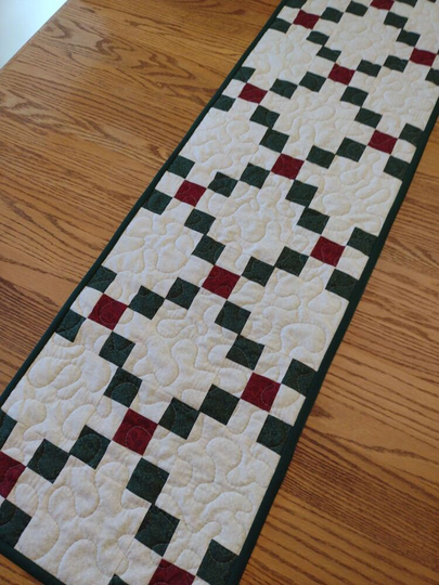Quilted Table Runner, Irish Chain in Red & Green, Farmhouse Green 13 1/2 X 48 Inches