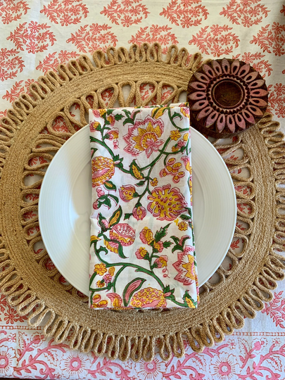 Summer Bouquet Block Print Table Napkins, Cotton Green, Pink & White Floral Cloth Napkins