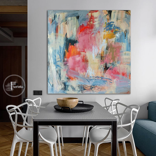 49"x49" Large Modern Abstract Colorful Paintings On Canva Acrylic Painting Fine Art Wall Expressionist Fireplace Oil Vibrant