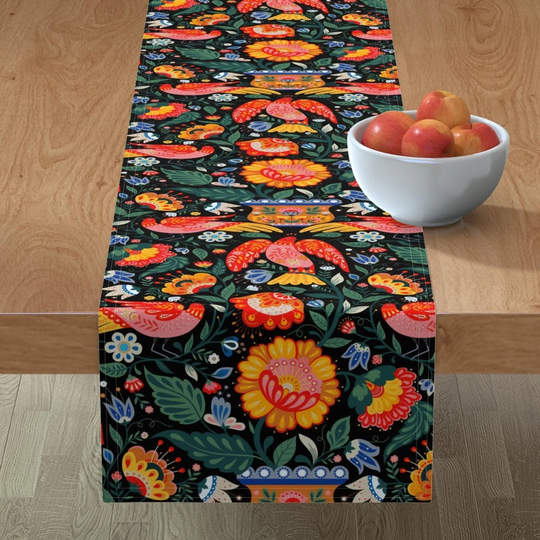 Bright Birds Table Runner - Maximalist Folk Art By Geetanjali Khokhloma Style European Cotton Sateen Spoonflower