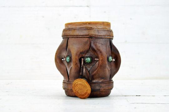 Wood & Genuine Leather Pen Cup Vintage Pencil Holder Desktop Organizer Leather Desk Decoration