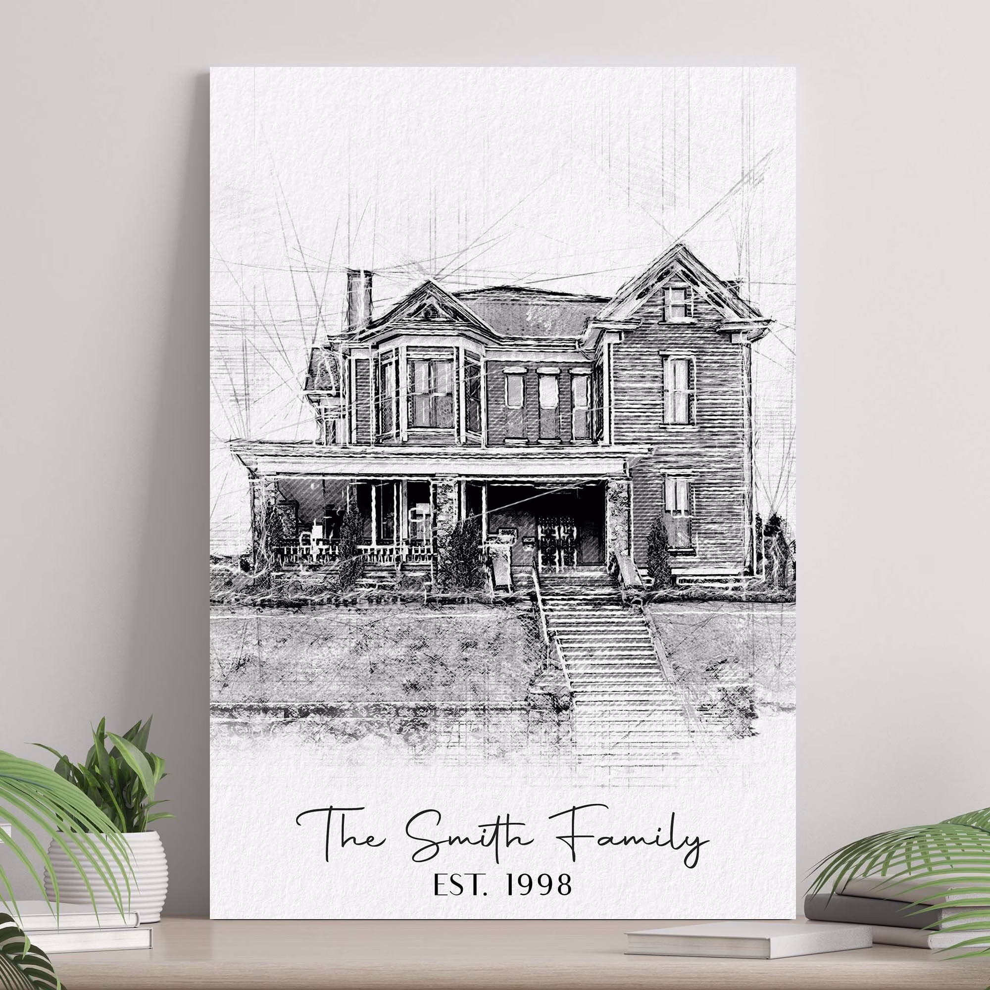 Family New Home Pencil Sketch Gift Portrait, Housewarming Gift, House Portrait Realtor Closing Gift, Personalized First Canvas