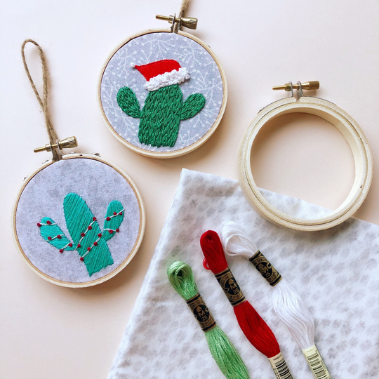 Diy Beginner Cactus Holiday Ornament Embroidery Kit. 3-Inch Hand Embroidered Succulent Fiber Art Office, Home, Living Room Wall Decor