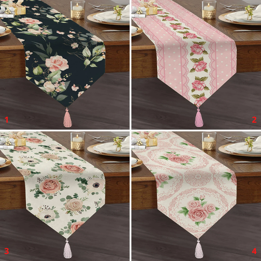 Pink Rose Table Runner, Dining Tony Flower Triangle Pukka Runner With Tassel, Floral Home Decoration