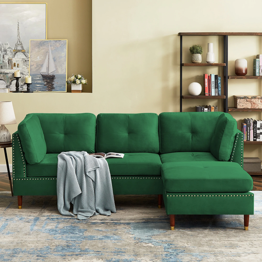 L Shaped Velvet Sectional Sofa with Ottoman, 88" Modern Couch with Nail Head & Tufted Cushion for Apartment and Living Room