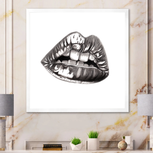 Designart 'Female Lips With Black Pencil' Glam Framed Wall Art