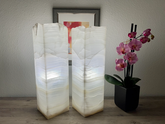 2 Onyx Lamps/Table Stone Nightstand Desk Alabaster Beautiful Handmade