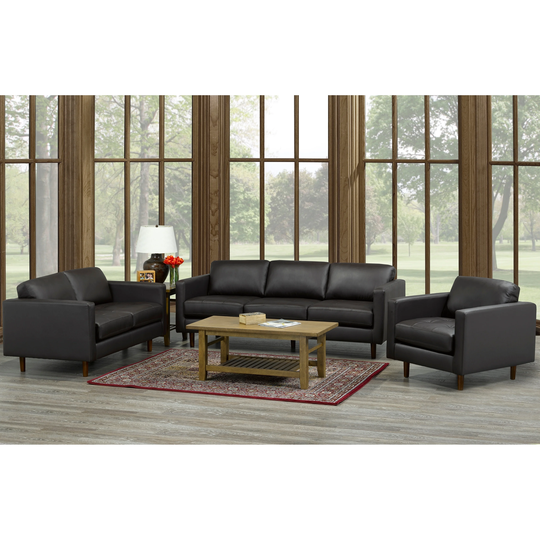 Lola Mid Century Modern Chocolate Brown Top Grain Italian Leather Tufted Sofa, Loveseat and Chair