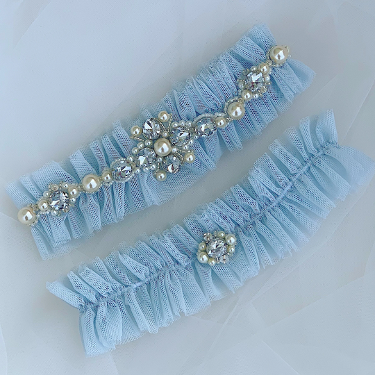 Blue Tulle Wedding Garters Set, Wide Rhinestones Bridal Garter, Something Blue Thigh Garter For Bride, Luxury Victorian Ruffled Leg