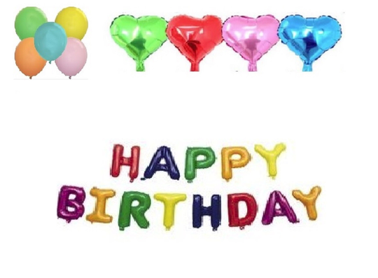 Mix Color Happy Birthday Balloon - Free 5 Latex Balloons & 4 Heart Foil Balloons, Party, Decoration