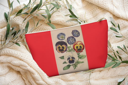 Red Vintage Floral Accessory Pouch, Cosmetic Bag, Pencil Makeup Pansies, Small Zipper Travel 2 Sizes