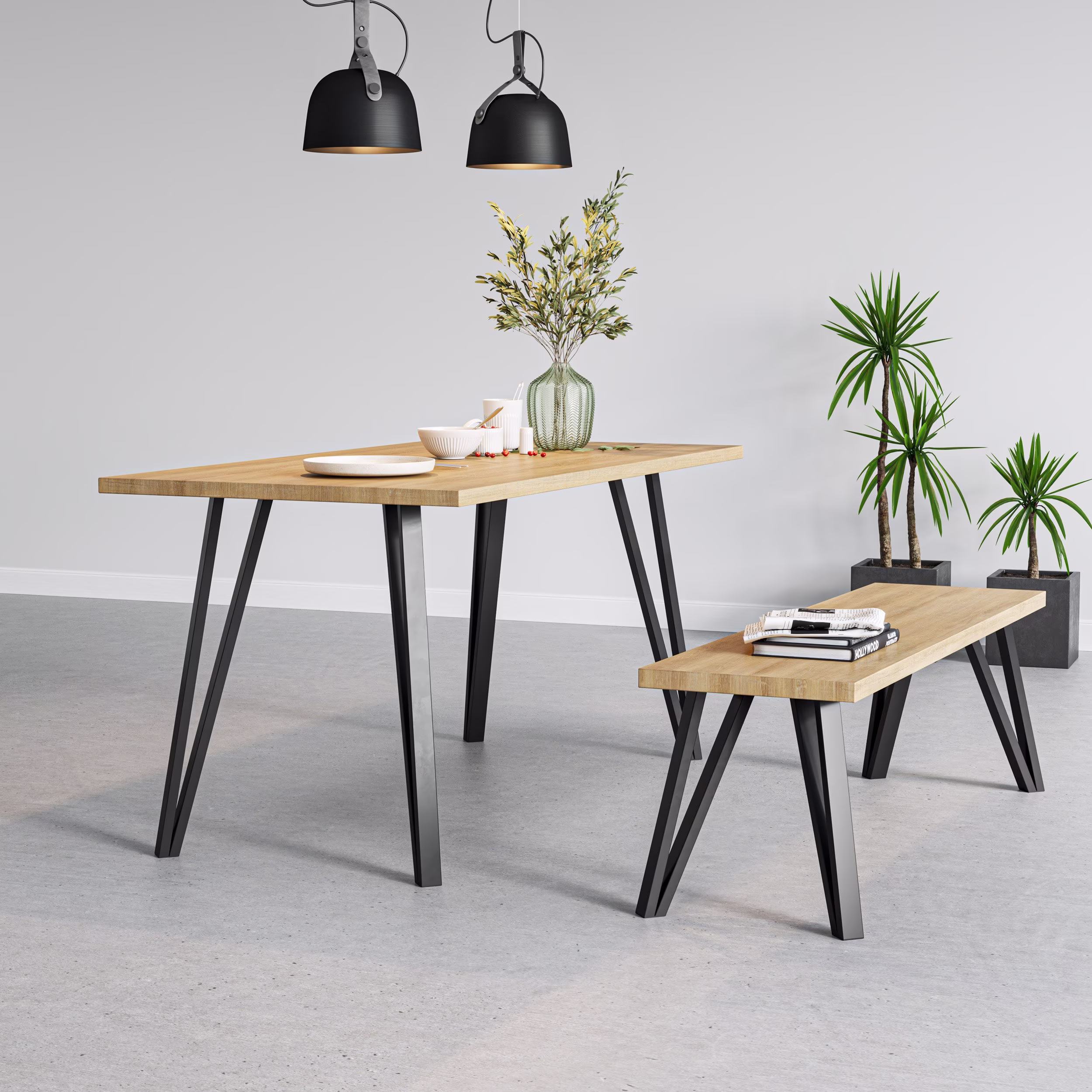 Modern Dining Table & Bench, Hand Made From Reclaimed Wood On British Steel Legs. Fully Customisable By 7Magok