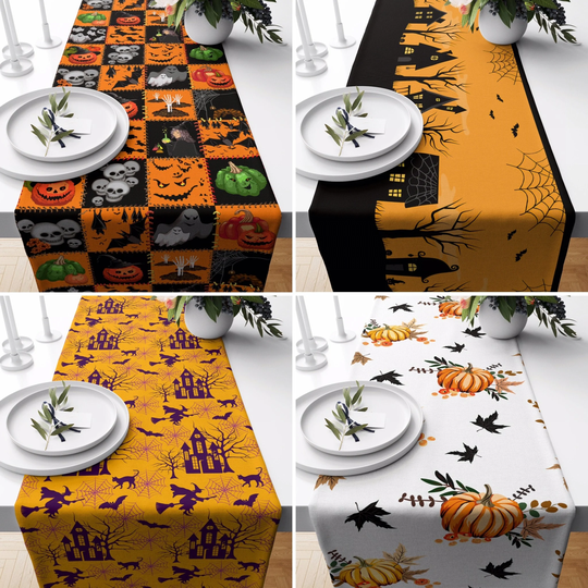 Halloween Table Runner, Trick Or Treat Orange Pumpkins Tablecloth, Gift, Home Textile Decor, Kitchen Decoration
