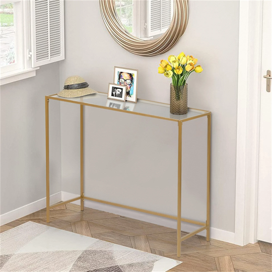 Console Table, Entryway Table W/ Tempered Glass Tabletop & Metal Frame - 39.4" x 31.5" x 13.8"