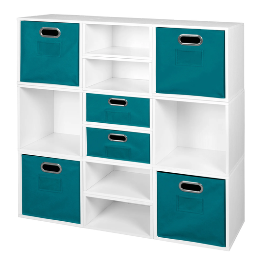 Noble Connect Storage Set- 6 Full Cubes/6 Half Cubes with Foldable Storage Bins- White Wood Grain/Teal