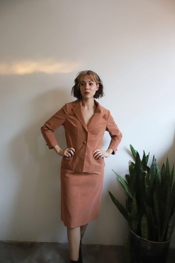 Vintage 1960S 70S Medium 28" Waist Two Piece Dusty Pink Beige Tan Skirt Suit Set Blazer Jacket + High Pencil