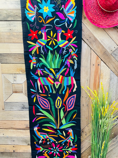 Large Black Multicolor Otomi Table Runner - Camino De Tenango