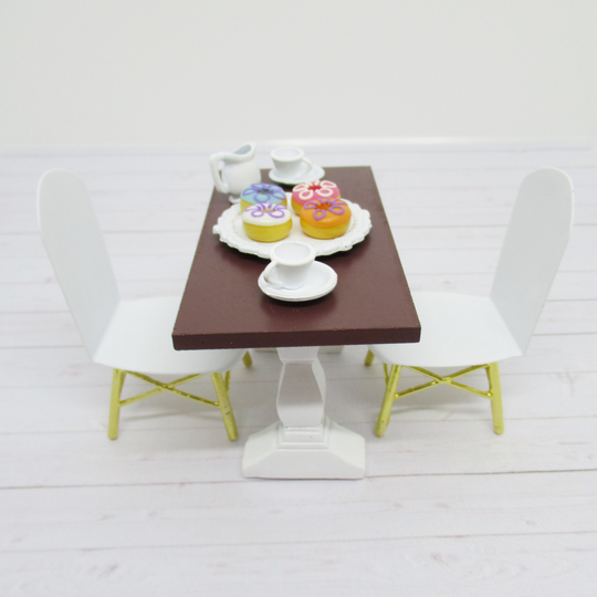 Miniature Table With 2 Chairs & A Tea Set 4 Donuts