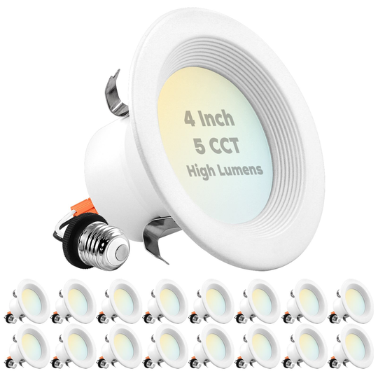 Luxrite 16-Pack 4" LED Recessed Lights, 14W=75W, 5 Color Options, 950 Lumens, Dimmable, Wet Rated,Baffle Trim