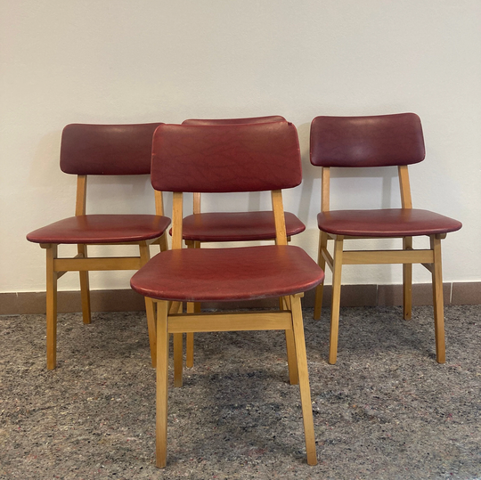 1 Of 4 Vintage Faux Leather Dining Wooden Chairs/Wood Dark Red Made in Yugoslavia 1970S Retro Kitchen Chair Mid Century