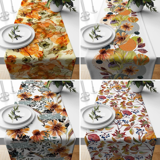 Deciduous Leaves Table Runner, Dried Modern Top, Orange Flower Tablecloth, Fall Trend Kitchen Thanksgiving Gift