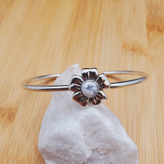 Socute925 Small Flower Cuff Bracelet | Silver Sterling White Turquoise Southwestern Made in Usa