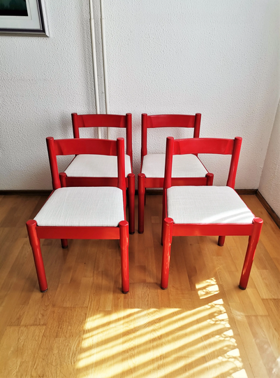 Set Of 4 Red Carimate Dining Chairs/Vico Magistretti Design Wooden Chair With Woven Fabric Seat 1960S Italy