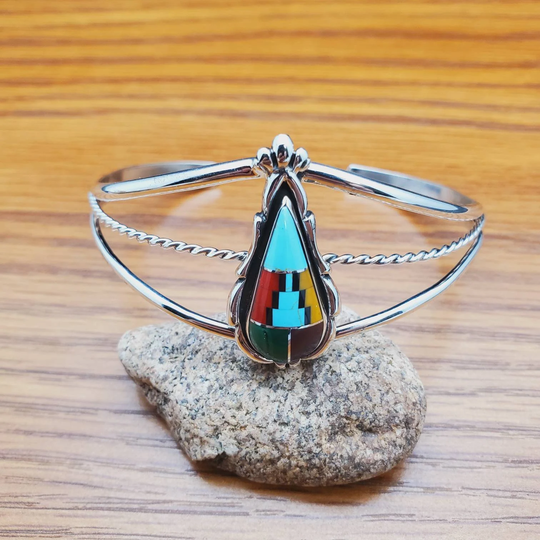 Lovely Multicolor Inlay Bracelet Cuff | Sterling Silver Stone Dainty Southwestern Jewelry Southwest