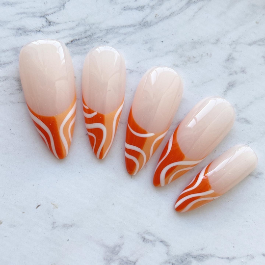 Reusable Squiggly Line Two Shades Of Orange French Tips Press On Nails