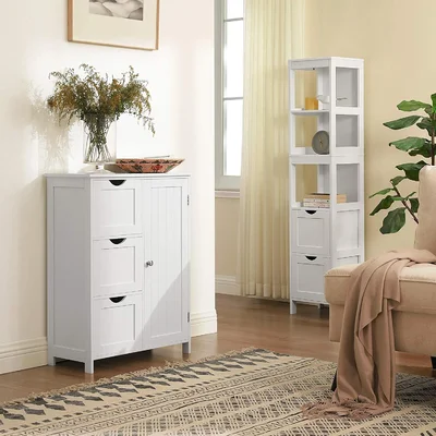 Bathroom Storage Cabinet, White Floor Cabinet With 3 Large Drawers And 1 Adjustable Shelf