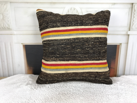 Handmade Kilim Cushion, Black Sofa Pillow, Accent Chair Wool Garden Pillows, Birthday Gifts, 18x18 Inches 4702