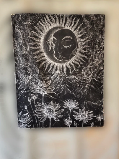 Beautiful Pencil Sketch Style Tapestry. Sun & Moon Detail That Calms Your Spirit As It Nurtures Soul, Includes Mystery Crystal Surprise