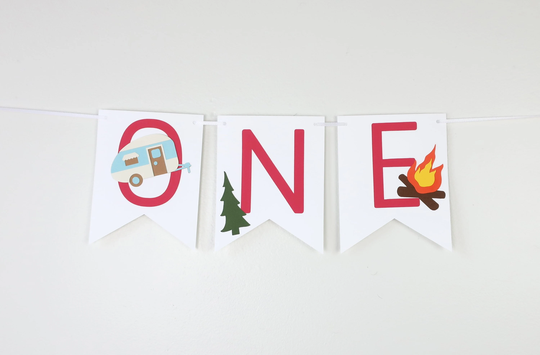 Skip One Happy Camper High Chair Banner - Little Explorer Camp Party First Birthday- Campfire Adventure Awaits Woodland Retro