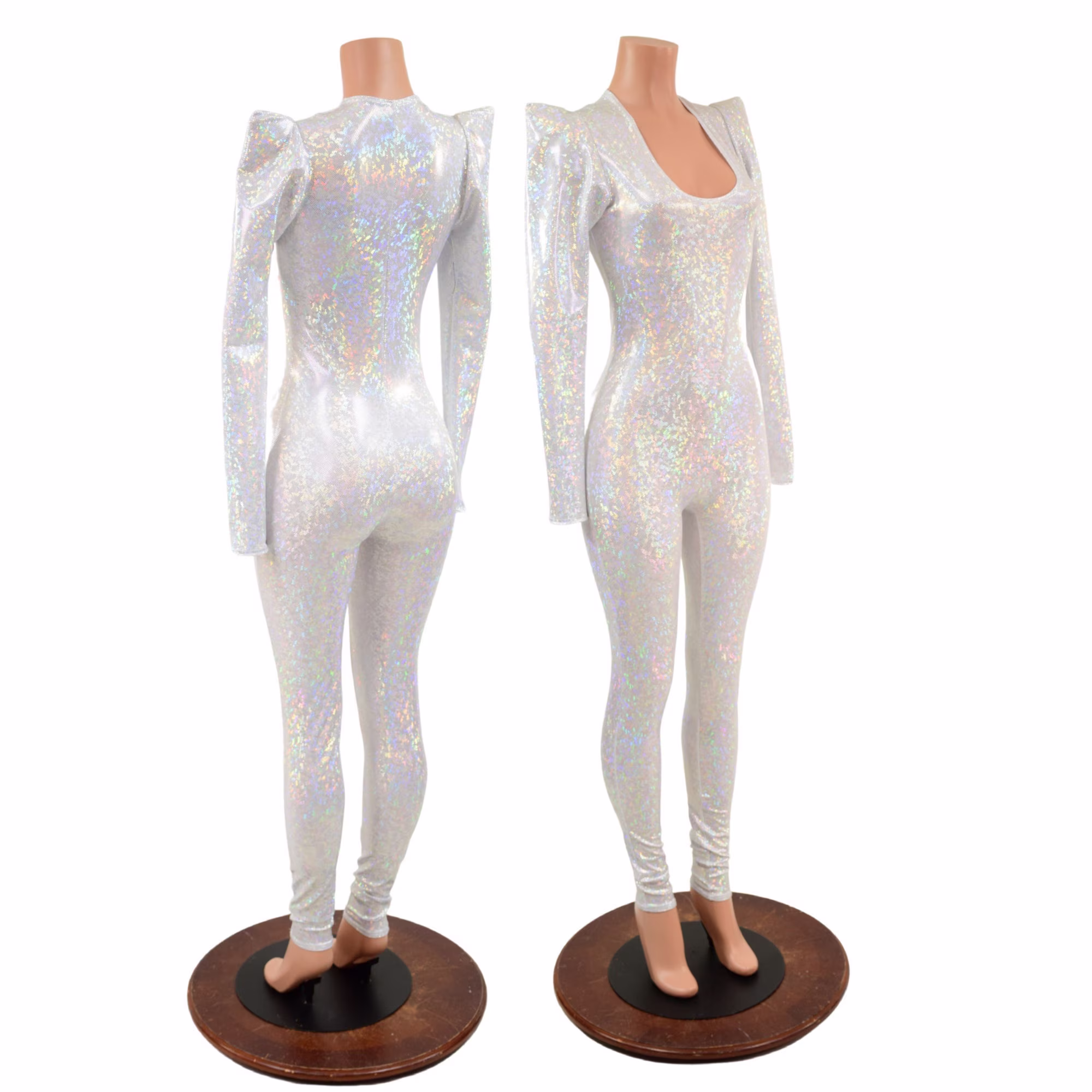 White Kaleidoscope Holographic Catsuit With Sharp Shoulder Sleeves & Scoop Neckline 157823