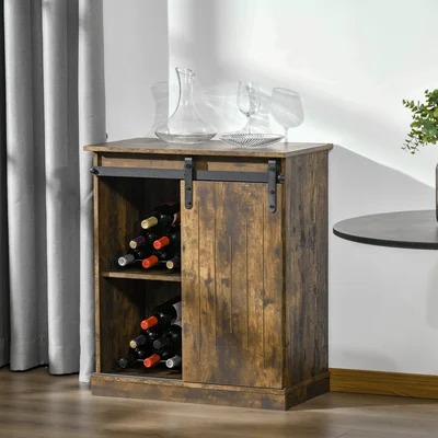 Industrial Sideboard Storage Cabinet, Serving Bar Buffet With Sliding Barn Door And 6-Bottle Wine Rack, Brown