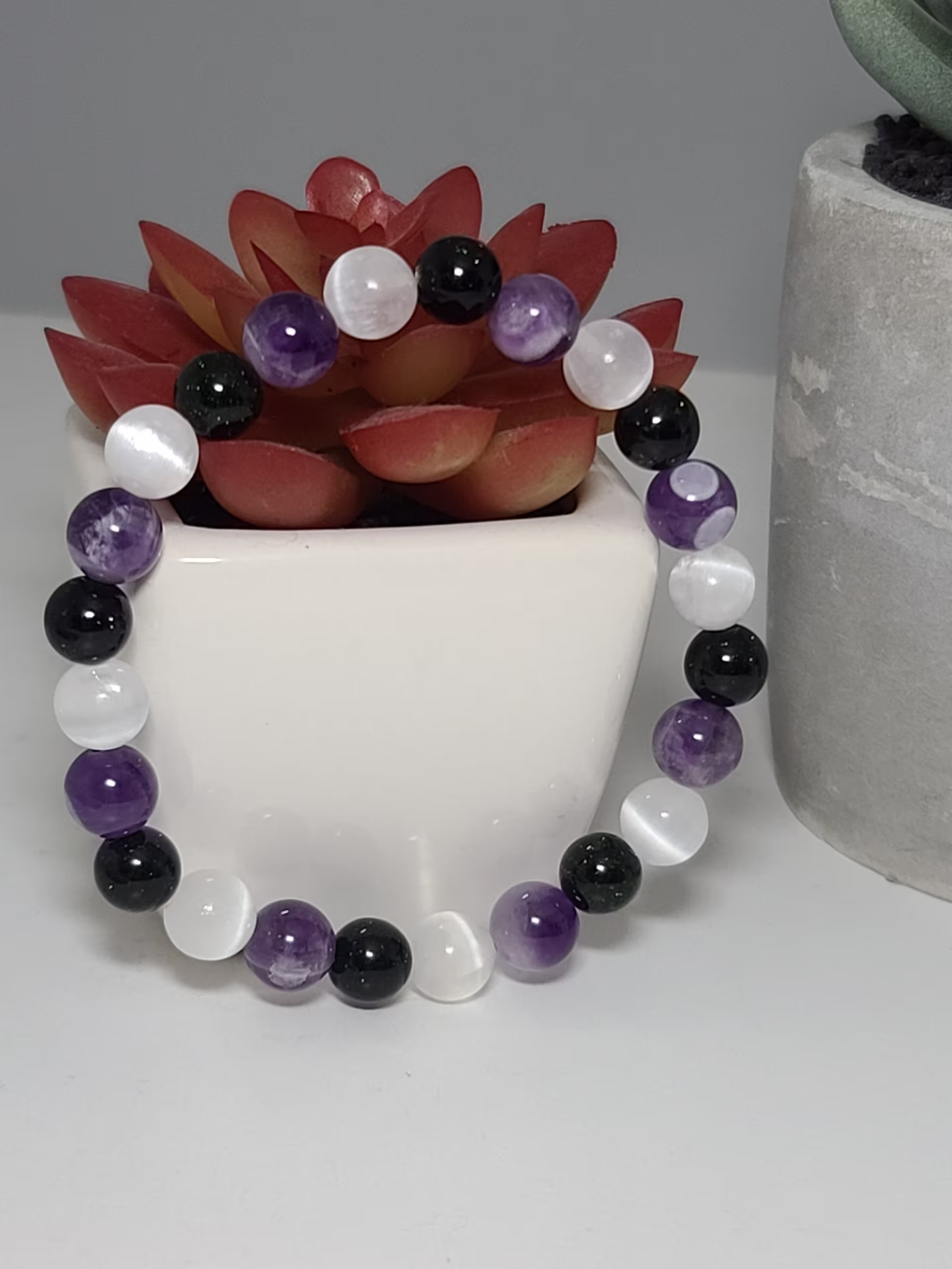 Selenite, Amethyst, & Dark Green Goldstone Beaded Bracelet