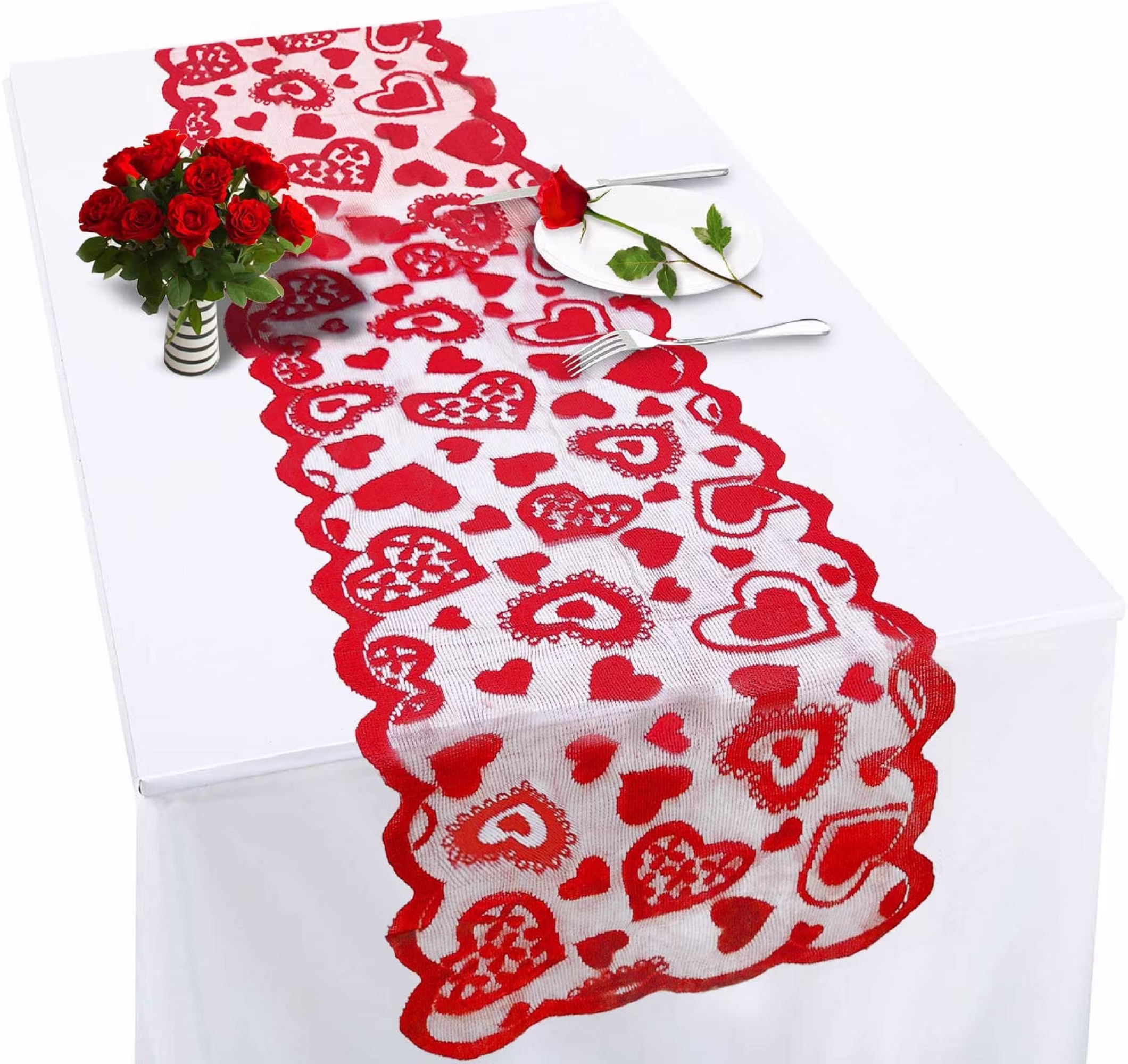 Valentines Table Runner Red Heart Print Day Decorations 13x72 Inches Lace Love Table