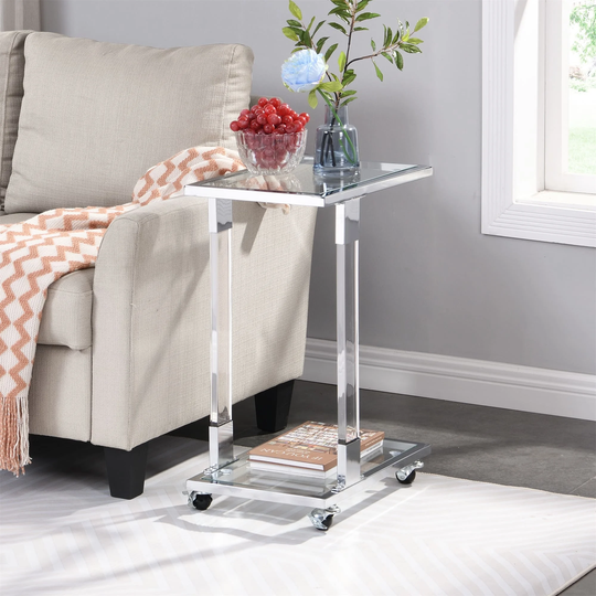 Glass Top C Shape Side Table with Wheels Acrylic Plant End Table for Living Room,Bedroom,Small Spaces