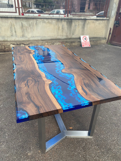Handmade Epoxy Table, Custom 72" X 42" Walnut Deep Dark Blue & White Swirls Dining Live Edge Order For Marta