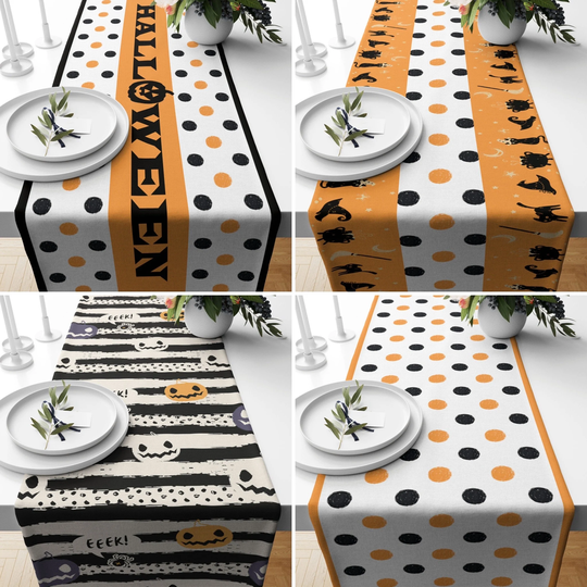 Halloween Table Runner, Polka Dot October Kitchen Orange & White Tablecloth, Gift, Home Textile, Decoration