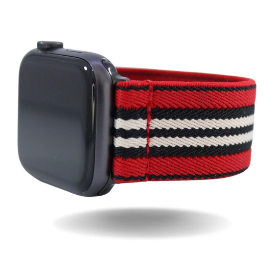 Elastic Watch Band For Apple - All Series | Models 1 8, Se, Ultra | Red Black White Striped Handmade Stretchy Comfy Strap