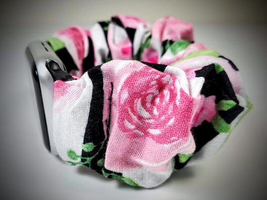 striped Floral Scrunchie Elastic Watch Band For Apple - 38mm 40mm 41mm 42mm 44mm 45mm All Series | Models 1 8 & Se
