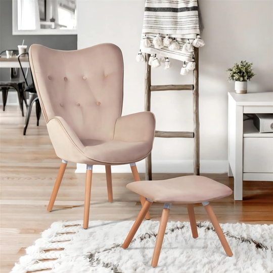 Pink Velvet Accent Chair Ottoman Set Wingback Armchair Tufted Back